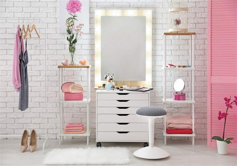AOFOTO 7x5ft Pink Makeup Room Interior Background for Photography Modern Professional Room Salon White Wall Make-up Mirror Cosmetics and Tools on Dressing Table Backdrop Photo Studio Props Vinyl - Image 1